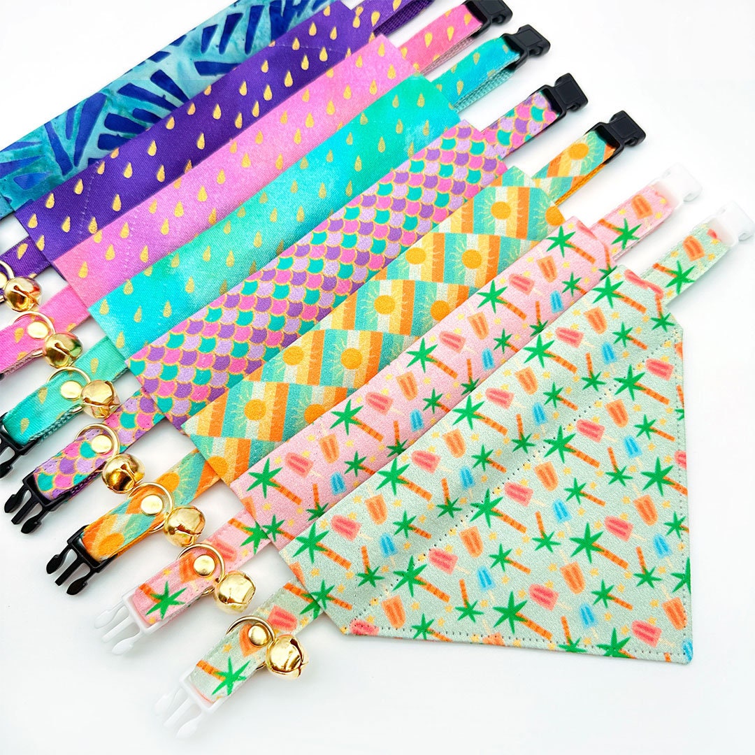 Tropical Cat Bandana - "Palms & Popsicles - Green" - Popsicle Palm Tree Bandana for Cat + Small Dog / Summer, Ice Cream / Slide-On Over the Collar Bandana