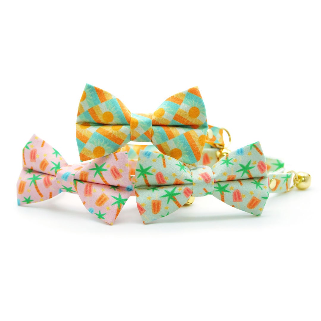 Popsicle Cat Bow Tie - "Palms & Popsicles - Pink" - Palm Tree Tropical Bow Tie for Cat / Summer Ice Cream Beach / Cat + Small Dog Bowtie