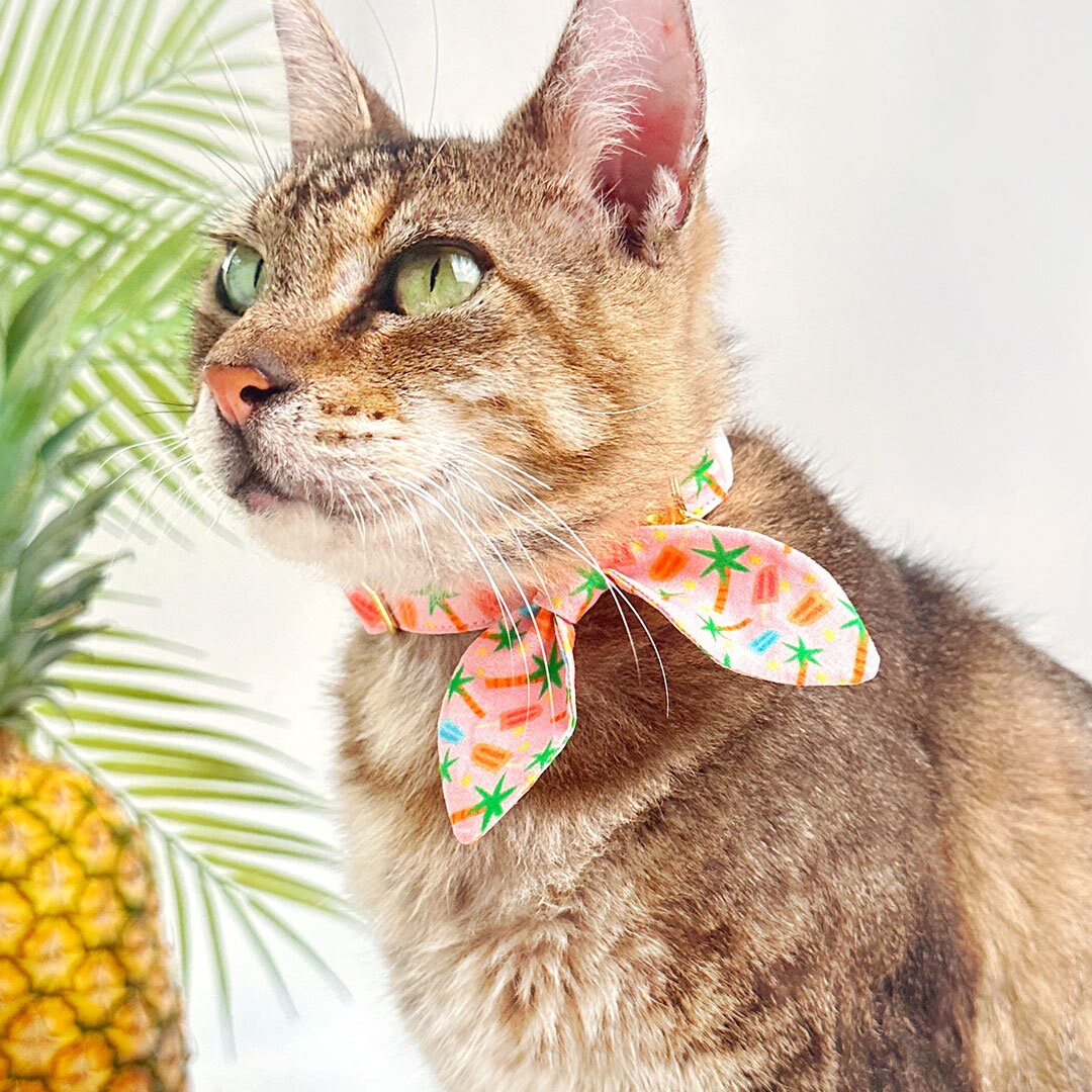 Cat Collar & Bunny Ear Bow Set - "Palms & Popsicles - Pink" - Palm Tree Tropical Cat Collar w/ Matching Bunny Bow Tie / Summer / Cat, Kitten + Small Dog Sizes