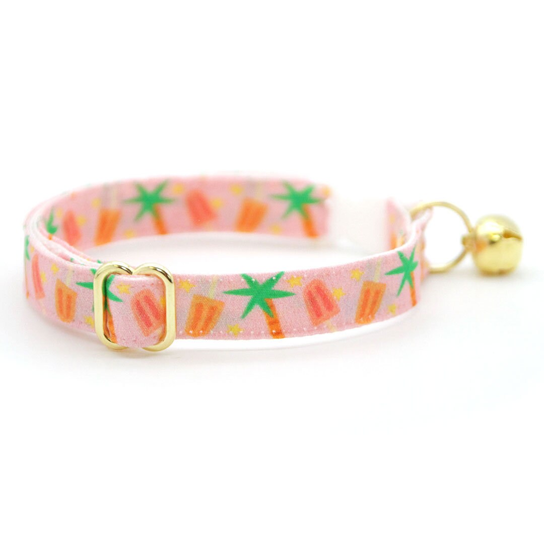 Cat Collar & Bunny Ear Bow Set - "Palms & Popsicles - Pink" - Palm Tree Tropical Cat Collar w/ Matching Bunny Bow Tie / Summer / Cat, Kitten + Small Dog Sizes