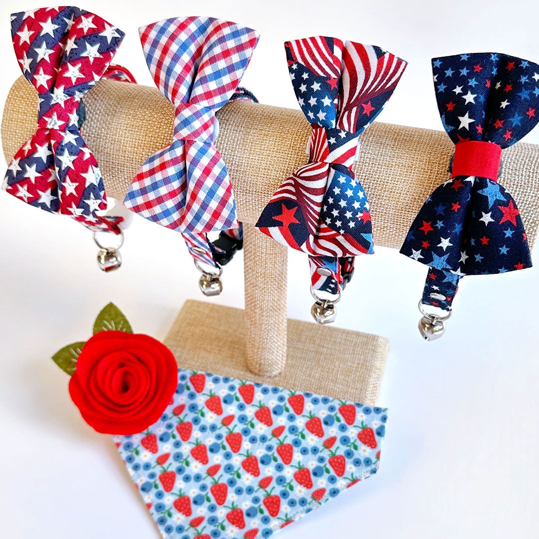 Cat Collar & Bunny Ear Bow Set - "Berry Bramble" - Strawberry & Blueberry Cat Collar w/ Matching Bunny Bow Tie / Summer Fruit, Patriotic, 4th of July, Red & Blue / Cat, Kitten + Small Dog Sizes