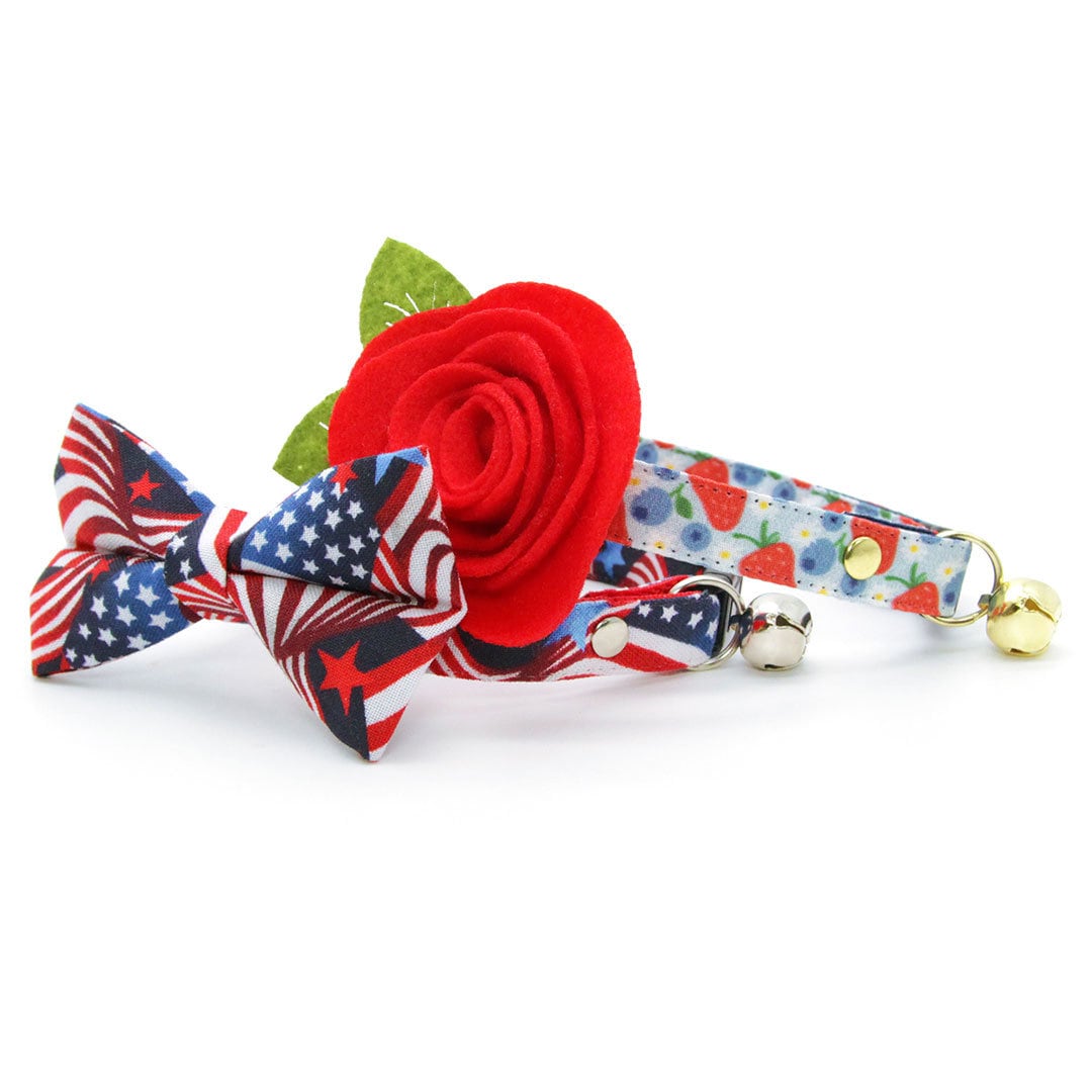 Bow Tie Cat Collar Set - "Stars & Stripes" - Patriotic USA American Flag Cat Collar w/ Matching Bowtie / Independence Day, 4th of July, Red White & Blue / Cat, Kitten, Small Dog Sizes