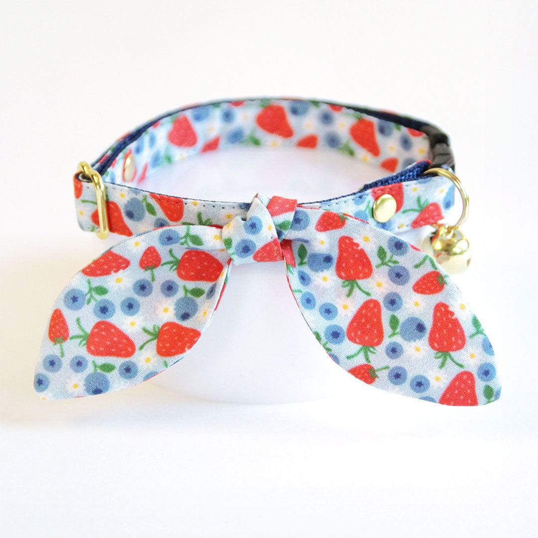Cat Collar & Bunny Ear Bow Set - "Berry Bramble" - Strawberry & Blueberry Cat Collar w/ Matching Bunny Bow Tie / Summer Fruit, Patriotic, 4th of July, Red & Blue / Cat, Kitten + Small Dog Sizes
