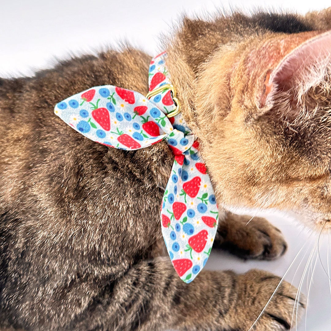 Cat Collar & Bunny Ear Bow Set - "Berry Bramble" - Strawberry & Blueberry Cat Collar w/ Matching Bunny Bow Tie / Summer Fruit, Patriotic, 4th of July, Red & Blue / Cat, Kitten + Small Dog Sizes