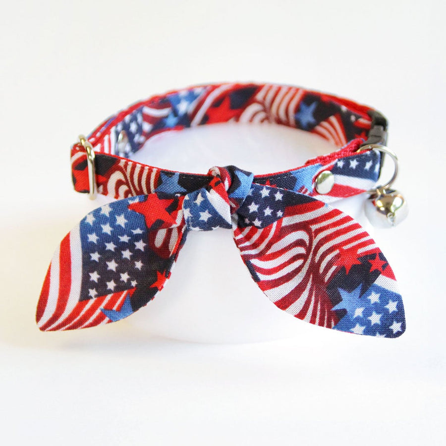 Cat Collar & Bunny Ear Bow Set - "Stars & Stripes" - 4th of July Cat Collar w/ Matching Bunny Bow Tie / Independence Day USA Flag / Patriotic / Cat, Kitten + Small Dog Sizes