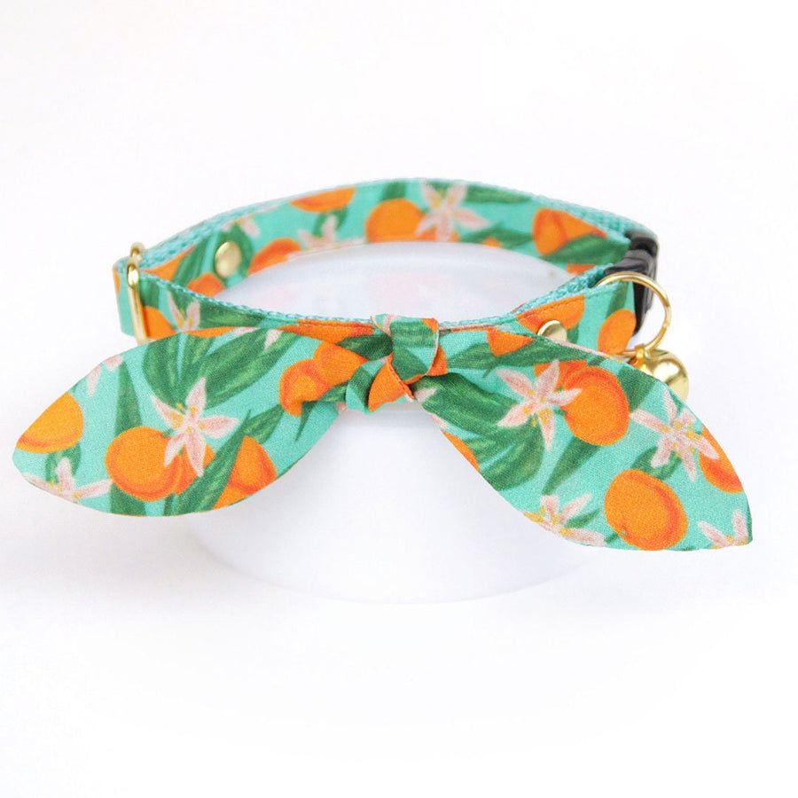Cat Collar & Bunny Ear Bow Set - "Clementine Blossom" - Tropical Citrus Fruit Clementine Cat Collar with Matching Bunny Bow Tie / Summer / Cat, Kitten + Small Dog Sizes