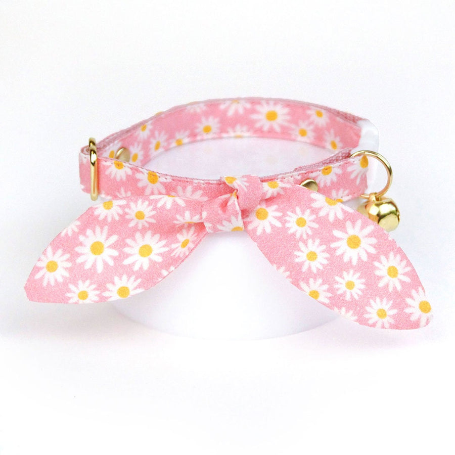 Cat Collar & Bunny Ear Bow Set - "Daisies - Pink" - Floral Pink Daisy Cat Collar with Matching Bunny Bow Tie / Spring, Easter, Summer / Cat, Kitten + Small Dog Sizes