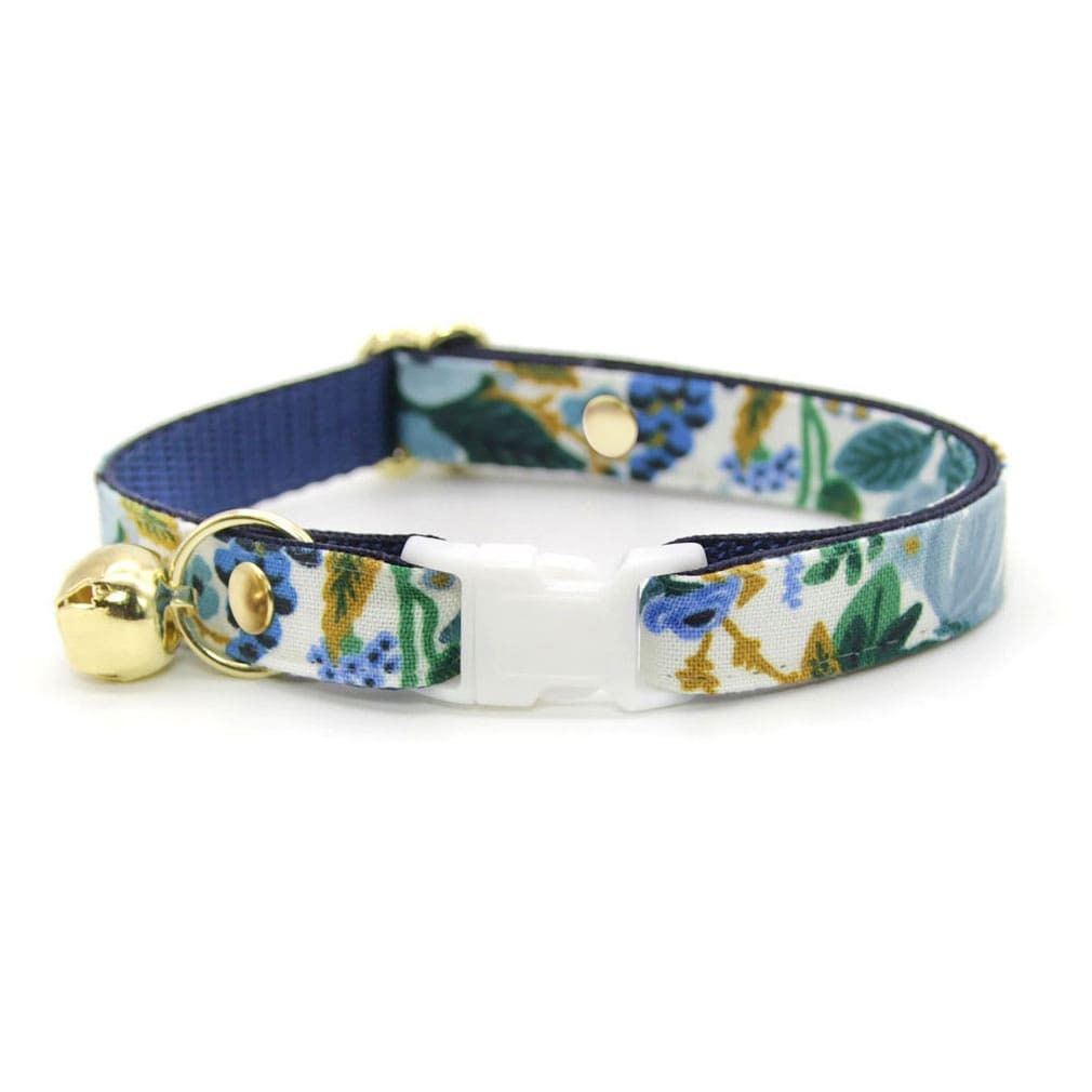 Cat Collar & Bunny Ear Bow Set - "Indigo Garden" - Rifle Paper Co® Blue Floral Cat Collar with Matching Bunny Bow Tie / Cat, Kitten + Small Dog Sizes