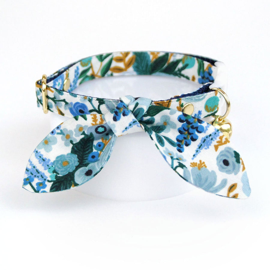 Cat Collar & Bunny Ear Bow Set - "Indigo Garden" - Rifle Paper Co® Blue Floral Cat Collar with Matching Bunny Bow Tie / Cat, Kitten + Small Dog Sizes