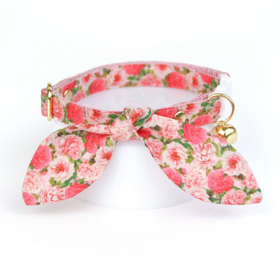 Cat Collar & Bunny Ear Bow Set - "Pretty in Peony - Pink" - Peonies Floral Cat Collar with Matching Bunny Bow Tie / Cat, Kitten + Small Dog Sizes