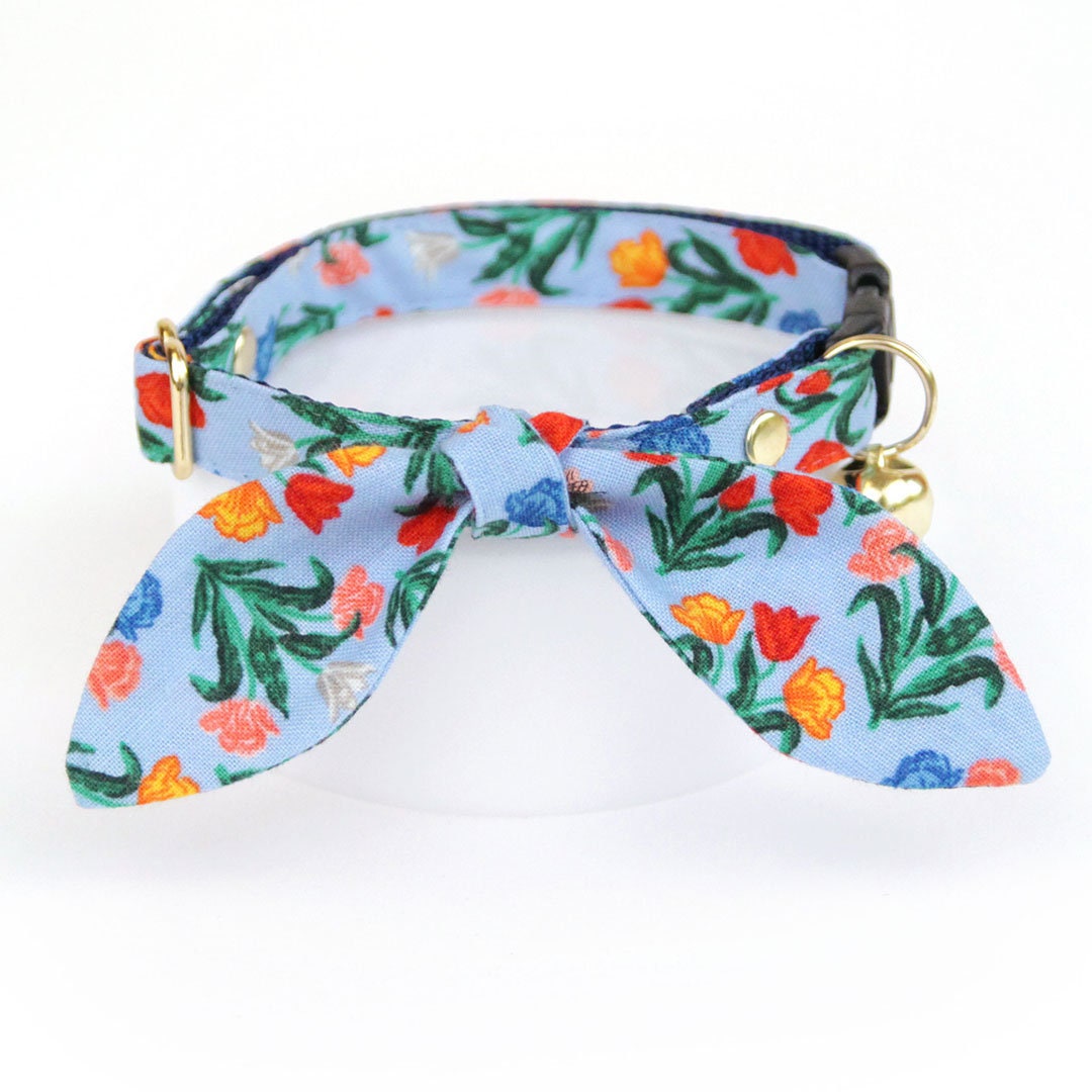Cat Collar & Bunny Ear Bow Set - "Tulip Fields - Periwinkle" - Rifle Paper Co® Tulips Cat Collar with Matching Bunny Bow Tie / Cat, Kitten + Small Dog Sizes