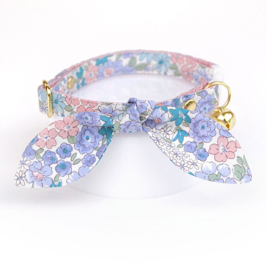 Cat Collar & Bunny Ear Bow Set - "Willow" - Pastel Pink and Purple Floral Cat Collar with Matching Bunny Bow Tie / Cat, Kitten + Small Dog Sizes