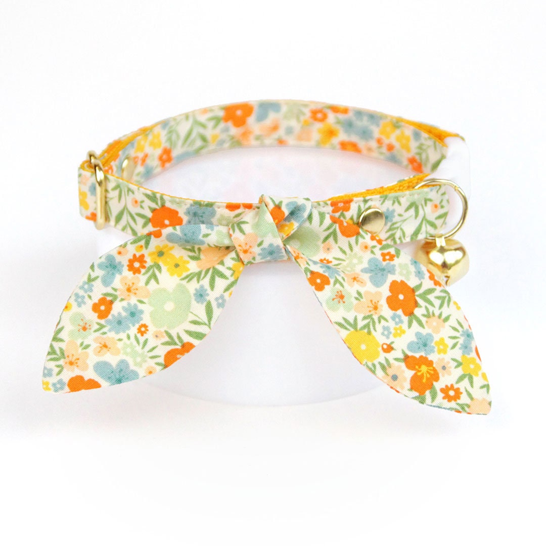 Cat Collar & Bunny Ear Bow Set - "Aurora" - Yellow Floral Cat Collar with Matching Bunny Bow Tie / Spring, Summer, Fall / Cat, Kitten + Small Dog Sizes