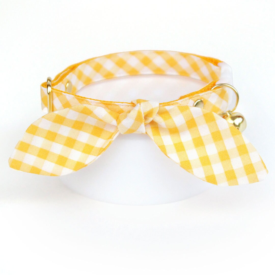 Cat Collar & Bunny Ear Bow Set - "Picnic" - Gingham Yellow Cat Collar with Matching Bunny Bow Tie / Spring, Easter, Summer / Cat, Kitten + Small Dog Sizes