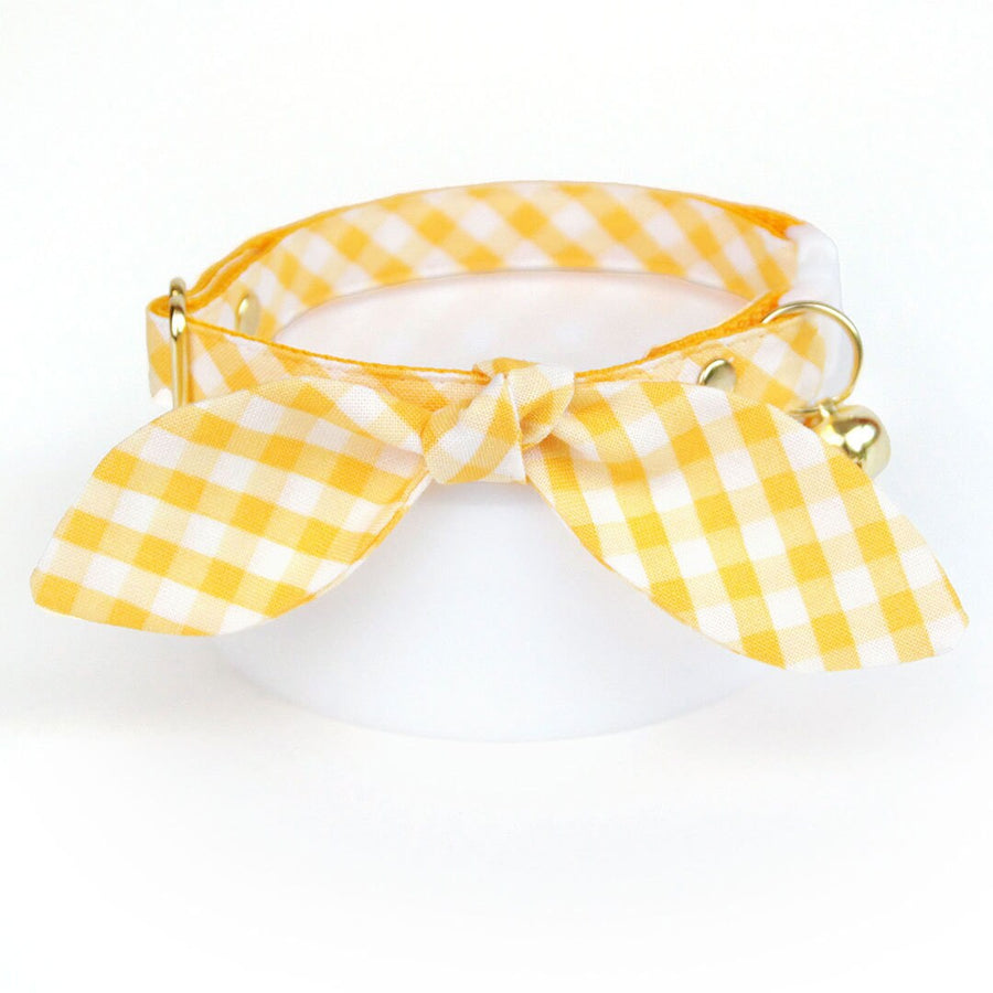Cat Collar & Bunny Ear Bow Set - "Picnic" - Gingham Yellow Cat Collar with Matching Bunny Bow Tie / Spring, Easter, Summer / Cat, Kitten + Small Dog Sizes