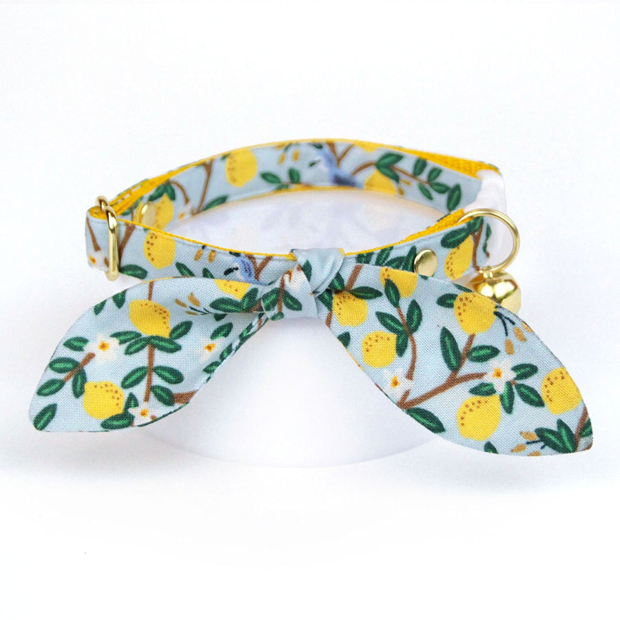 Cat Collar & Bunny Ear Bow Set - "Lemon Drops" - Rifle Paper Co® Yellow Fruit Lemon Cat Collar with Matching Bunny Bow Tie / Cat, Kitten + Small Dog Sizes