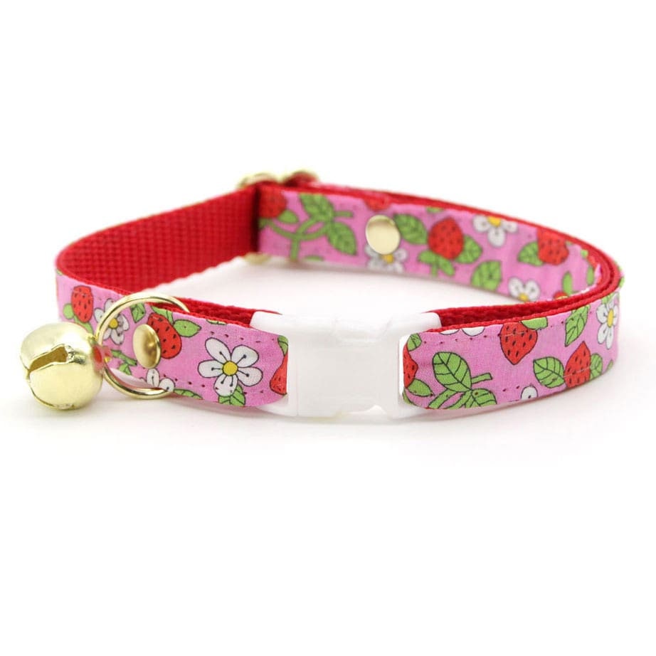 Cat Collar & Bunny Ear Bow Set - "Wild Strawberry - Pink" - Red & Pink Fruit Floral Strawberry Cat Collar with Matching Bunny Bow Tie / Cat, Kitten + Small Dog Sizes