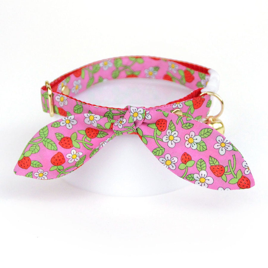 Cat Collar & Bunny Ear Bow Set - "Wild Strawberry - Pink" - Red & Pink Fruit Floral Strawberry Cat Collar with Matching Bunny Bow Tie / Cat, Kitten + Small Dog Sizes