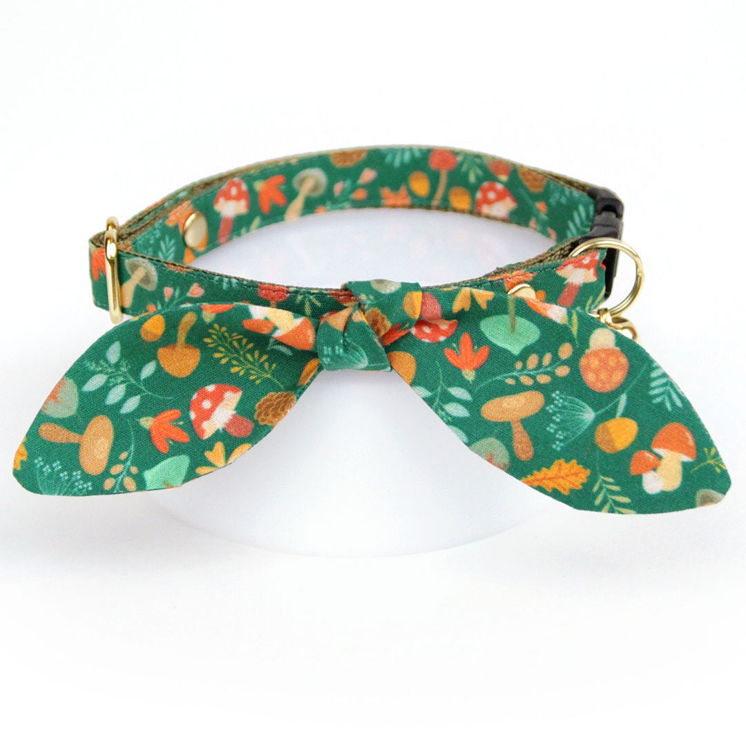 Cat Collar & Bunny Ear Bow Set - "Forest Fantasy" - Mushrooms, Toadstools & Acorns Green Cat Collar with Matching Bunny Bow Tie / Cat, Kitten + Small Dog Sizes