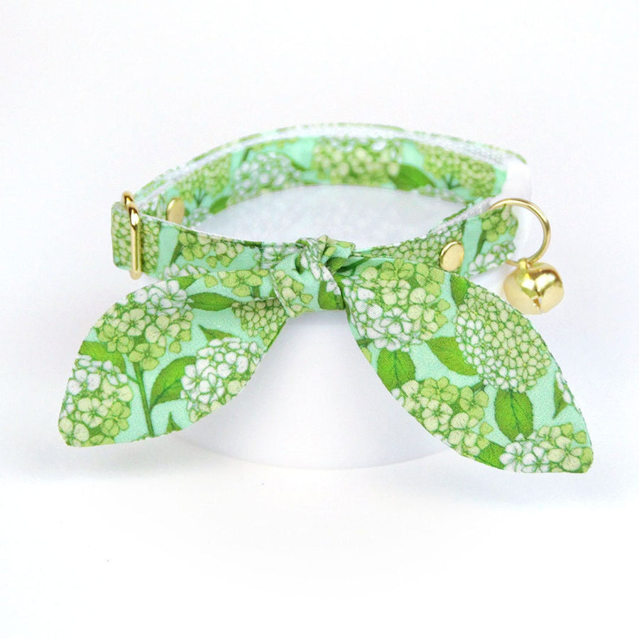 Cat Collar & Bunny Ear Bow Set - "Hydrangea Hill" - Botanical Floral Green Cat Collar with Matching Bunny Bow Tie / Cat, Kitten + Small Dog Sizes