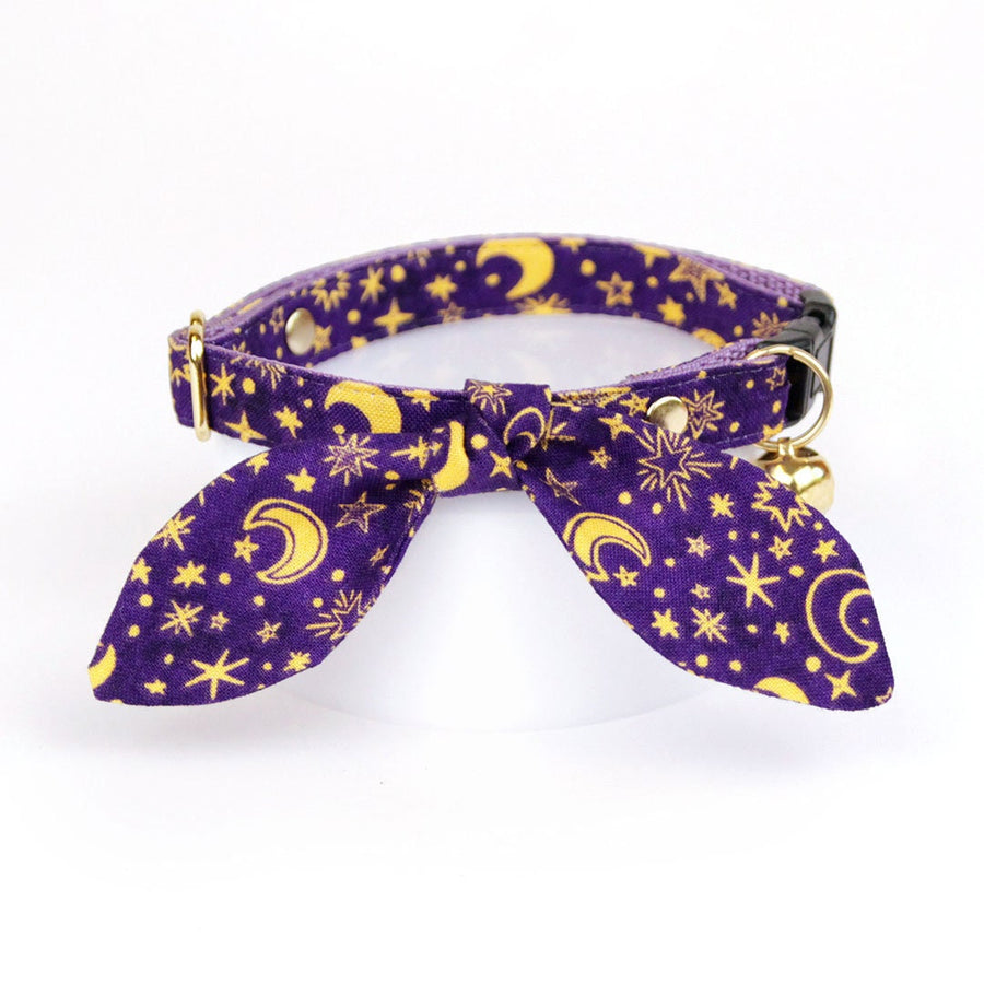 Cat Collar & Bunny Ear Bow Set - "Moonlight - Purple" - Night Sky Celestial Purple Star & Moon Cat Collar with Matching Bunny Bow Tie / Cat, Kitten + Small Dog Sizes