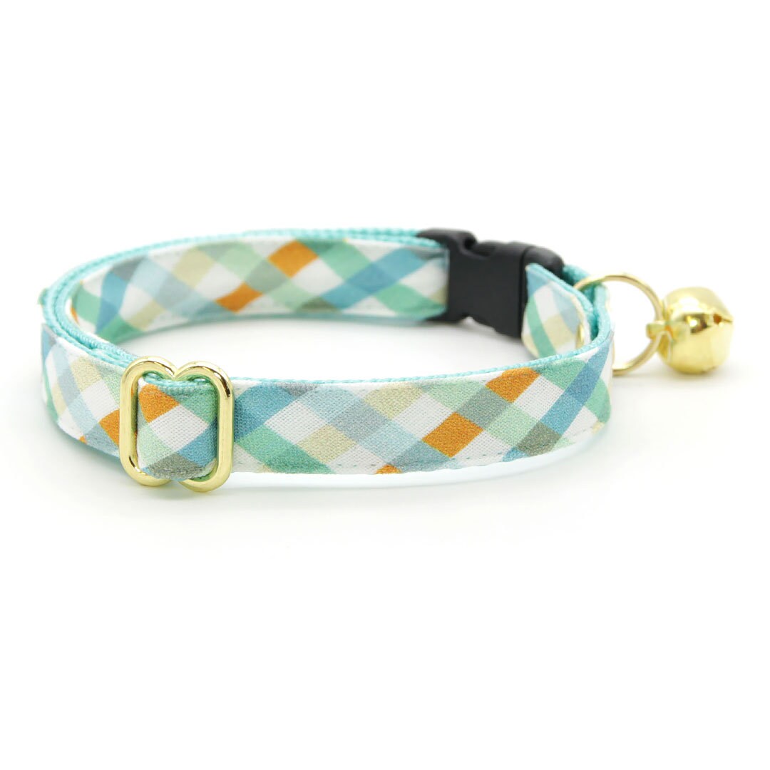 Cat Collar & Bunny Ear Bow Set - "Seashore" - Ocean Blue & Aqua Plaid Cat Collar with Matching Bunny Bow Tie / Nautical, Preppy, Summer / Cat, Kitten + Small Dog Sizes
