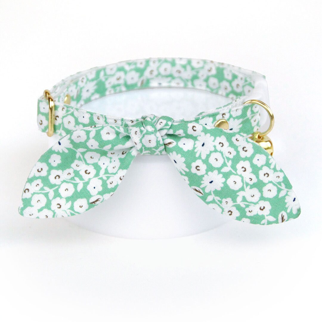Cat Collar & Bunny Ear Bow Set - "Apple Blossom" - Mint Green Floral Cat Collar with Matching Bunny Bow Tie / Spring, Easter / Cat, Kitten + Small Dog Sizes