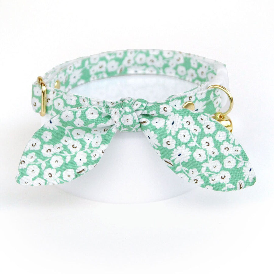 Cat Collar & Bunny Ear Bow Set - "Apple Blossom" - Mint Green Floral Cat Collar with Matching Bunny Bow Tie / Spring, Easter / Cat, Kitten + Small Dog Sizes