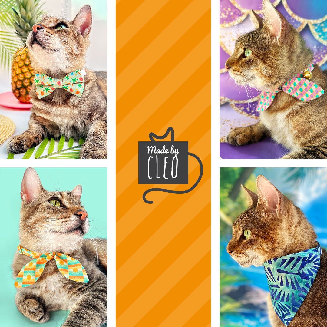 Tropical Cat Bandana - "Palms & Popsicles - Green" - Popsicle Palm Tree Bandana for Cat + Small Dog / Summer, Ice Cream / Slide-On Over the Collar Bandana