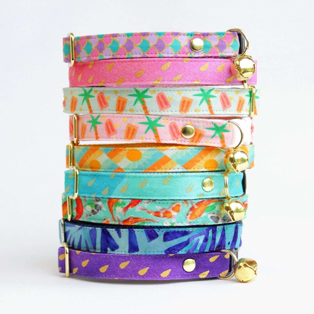 Cat Collar & Bunny Ear Bow Set - "Mermaid Song" - Fish Scales Pink, Teal & Purple Cat Collar w/ Matching Bunny Bow Tie / Summer, Ocean / Cat, Kitten + Small Dog Sizes