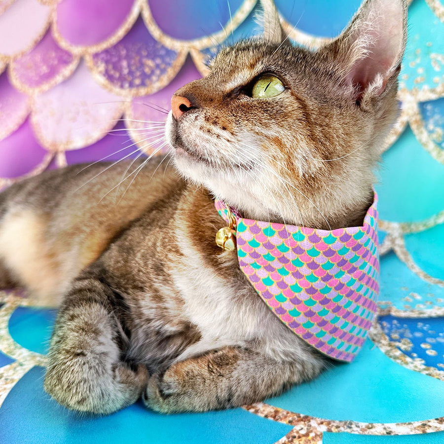 Mermaid Cat Bandana - "Mermaid Song" - Fish Scales Lavender Purple Bandana for Cat + Small Dog / Ocean, Summer / Slide-On Over the Collar Bandana