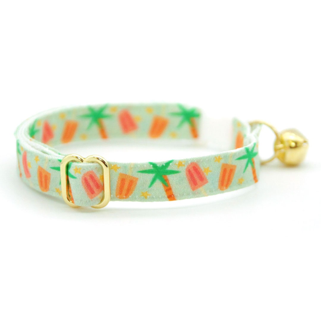 Tropical Cat Collar - "Palms & Popsicles - Green" - Palm Tree Popsicle Cat Collar / Summer, Food / Breakaway Buckle or Non-Breakaway / Cat, Kitten + Small Dog Sizes