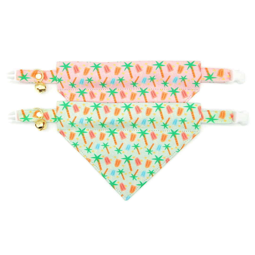 Tropical Cat Bandana - "Palms & Popsicles - Green" - Popsicle Palm Tree Bandana for Cat + Small Dog / Summer, Ice Cream / Slide-On Over the Collar Bandana