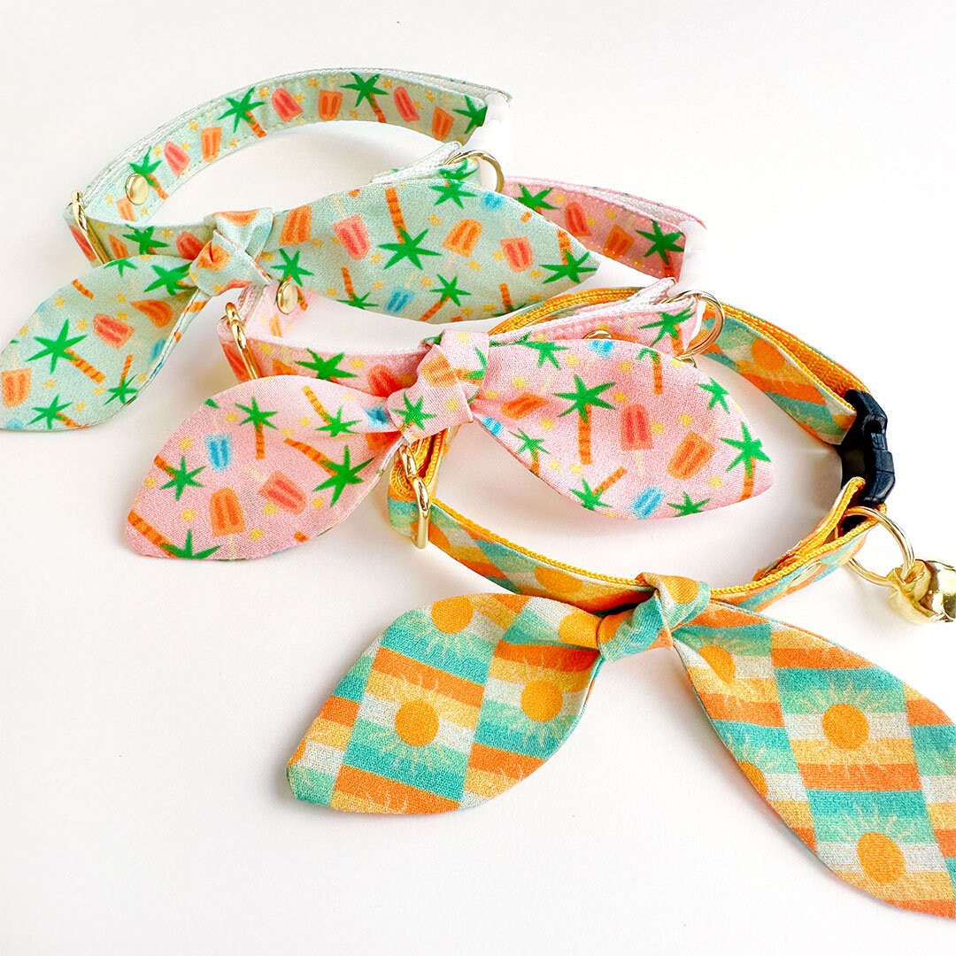 Cat Collar & Bunny Ear Bow Set - "Palms & Popsicles - Pink" - Palm Tree Tropical Cat Collar w/ Matching Bunny Bow Tie / Summer / Cat, Kitten + Small Dog Sizes