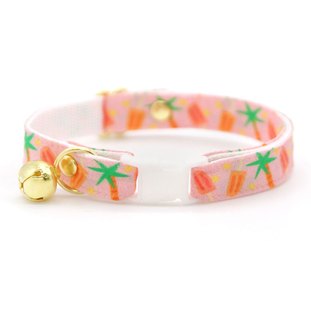 Cat Collar & Bunny Ear Bow Set - "Palms & Popsicles - Pink" - Palm Tree Tropical Cat Collar w/ Matching Bunny Bow Tie / Summer / Cat, Kitten + Small Dog Sizes