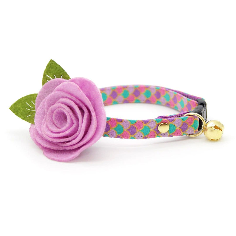 Mermaid Cat Collar + Flower Set - "Mermaid Song" - Pink, Teal & Purple Fish Scales Cat Collar w/ Lavender Felt Flower (Detachable) / Cat, Kitten + Small Dog Sizes