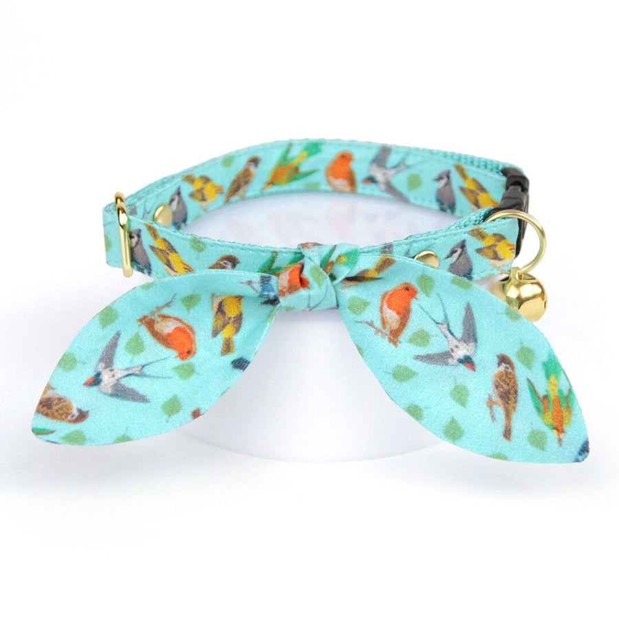 Cat Collar & Bunny Ear Bow Set - "Birds of a Feather" - Robin's Egg Blue Bird Cat Collar with Matching Bunny Bow Tie / Cat, Kitten + Small Dog Sizes