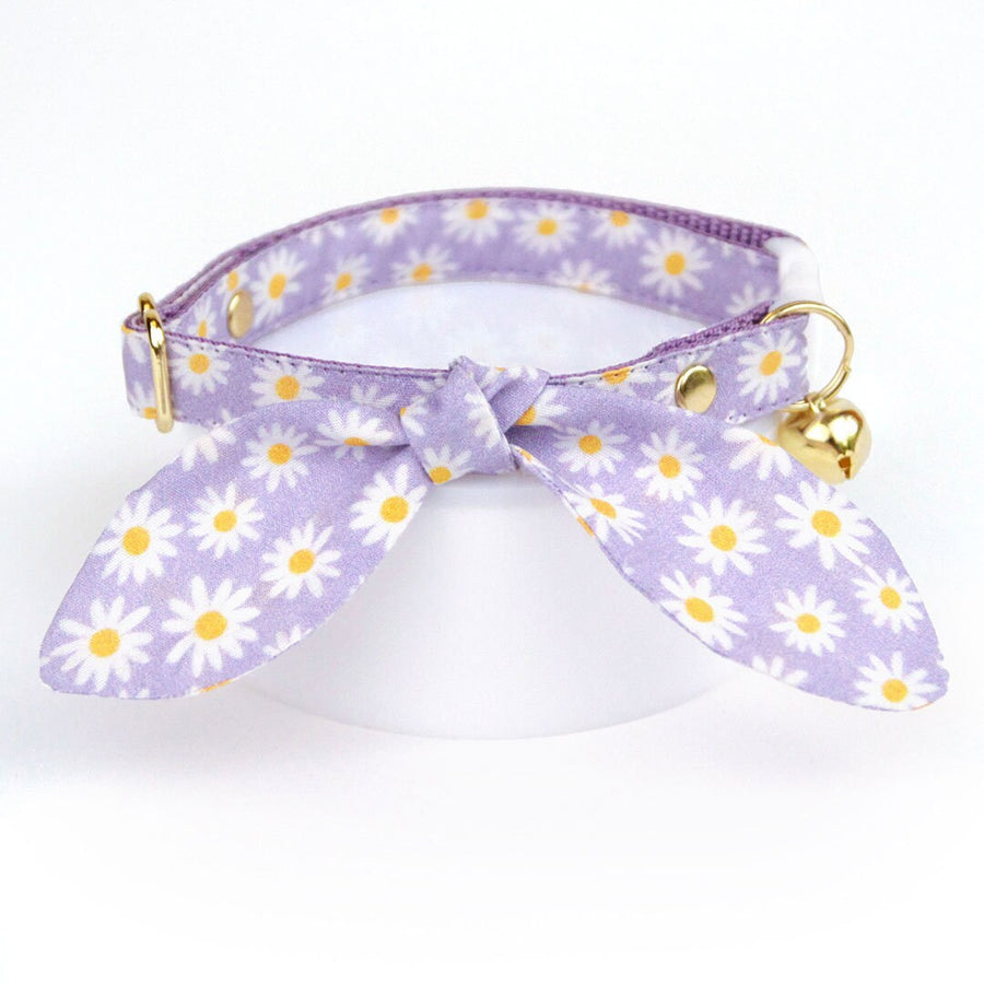 Cat Collar & Bunny Ear Bow Set - "Daisies - Purple" - Floral Light Purple Daisy Cat Collar with Matching Bunny Bow Tie / Spring, Easter, Summer / Cat, Kitten + Small Dog Sizes