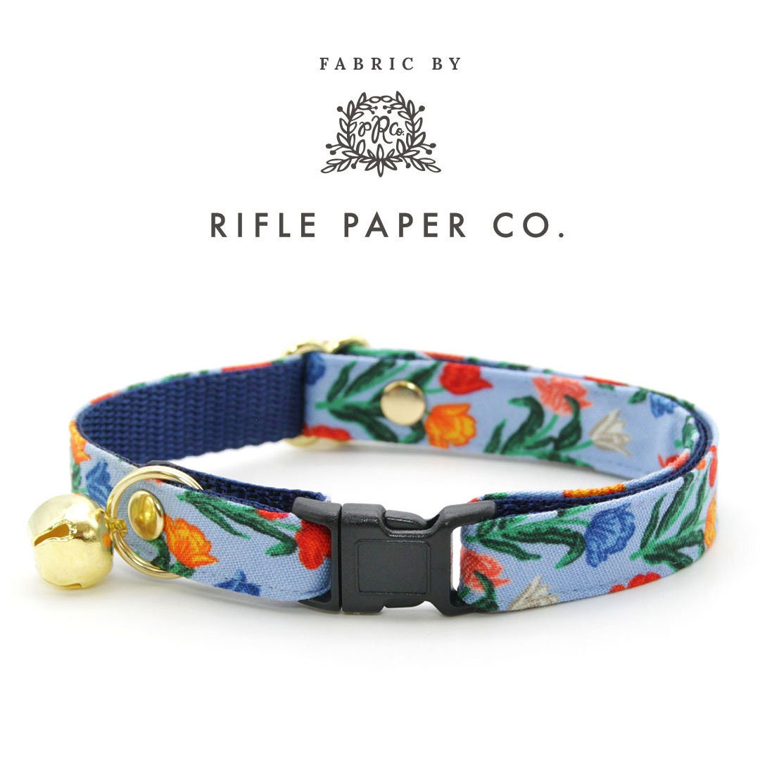 Cat Collar & Bunny Ear Bow Set - "Tulip Fields - Periwinkle" - Rifle Paper Co® Tulips Cat Collar with Matching Bunny Bow Tie / Cat, Kitten + Small Dog Sizes