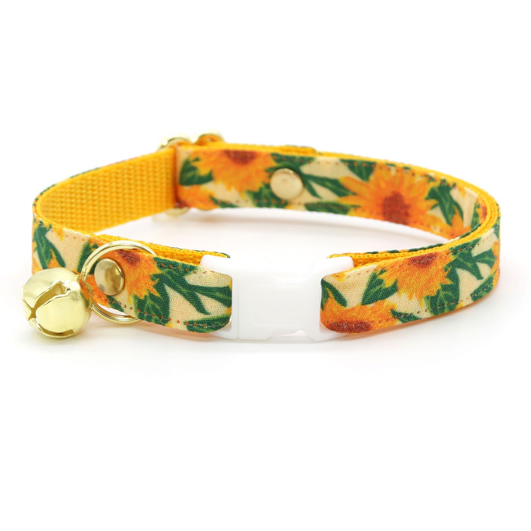 Cat Collar & Bunny Ear Bow Set - "Sunflowers" - Yellow Floral Cat Collar with Matching Bunny Bow Tie / Summer, Fall / Cat, Kitten + Small Dog Sizes