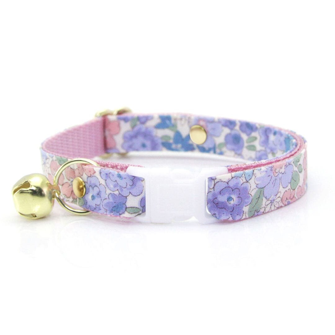 Cat Collar & Bunny Ear Bow Set - "Willow" - Pastel Pink and Purple Floral Cat Collar with Matching Bunny Bow Tie / Cat, Kitten + Small Dog Sizes