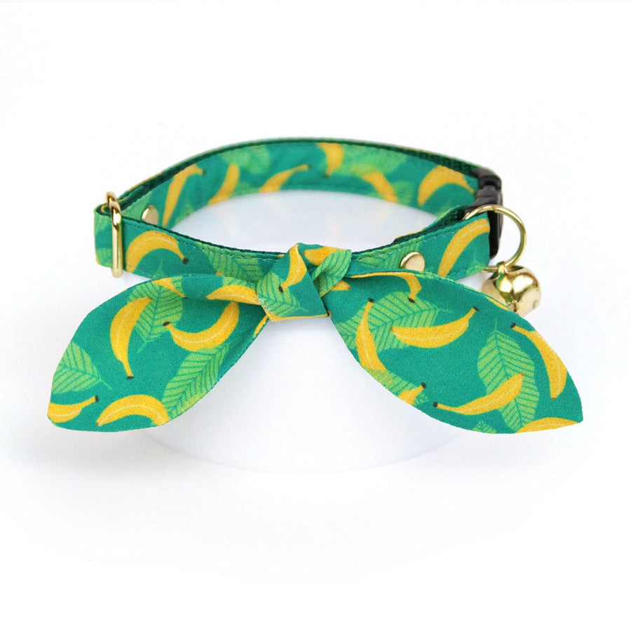 Cat Collar & Bunny Ear Bow Set - "Going Bananas - Green" - Tropical Fruit Banana Cat Collar with Matching Bunny Bow Tie / Cat, Kitten + Small Dog Sizes