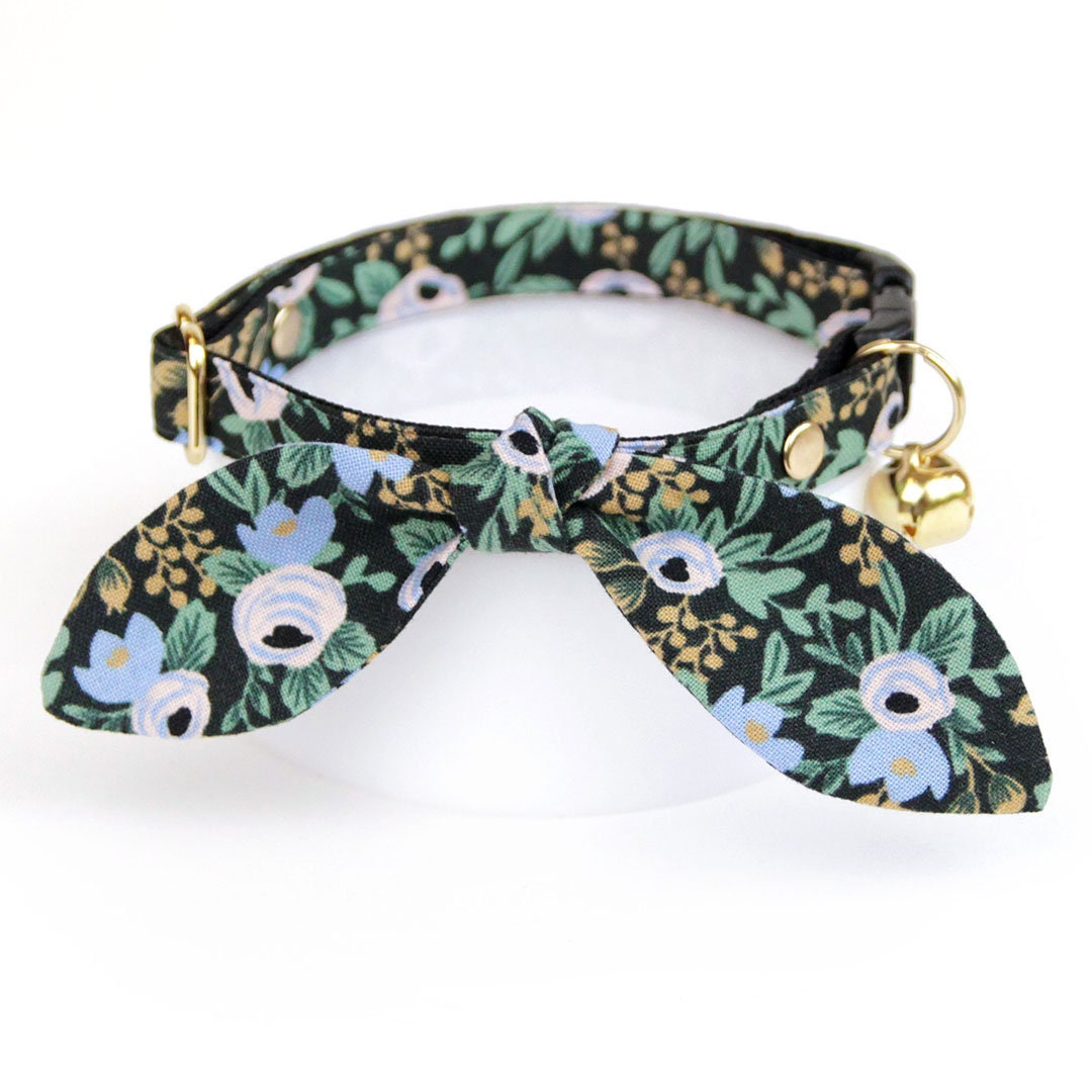 Cat Collar & Bunny Ear Bow Set - "Belladonna" - Rifle Paper Co® Black Floral Cat Collar with Matching Bunny Bow Tie / Cat, Kitten + Small Dog Sizes