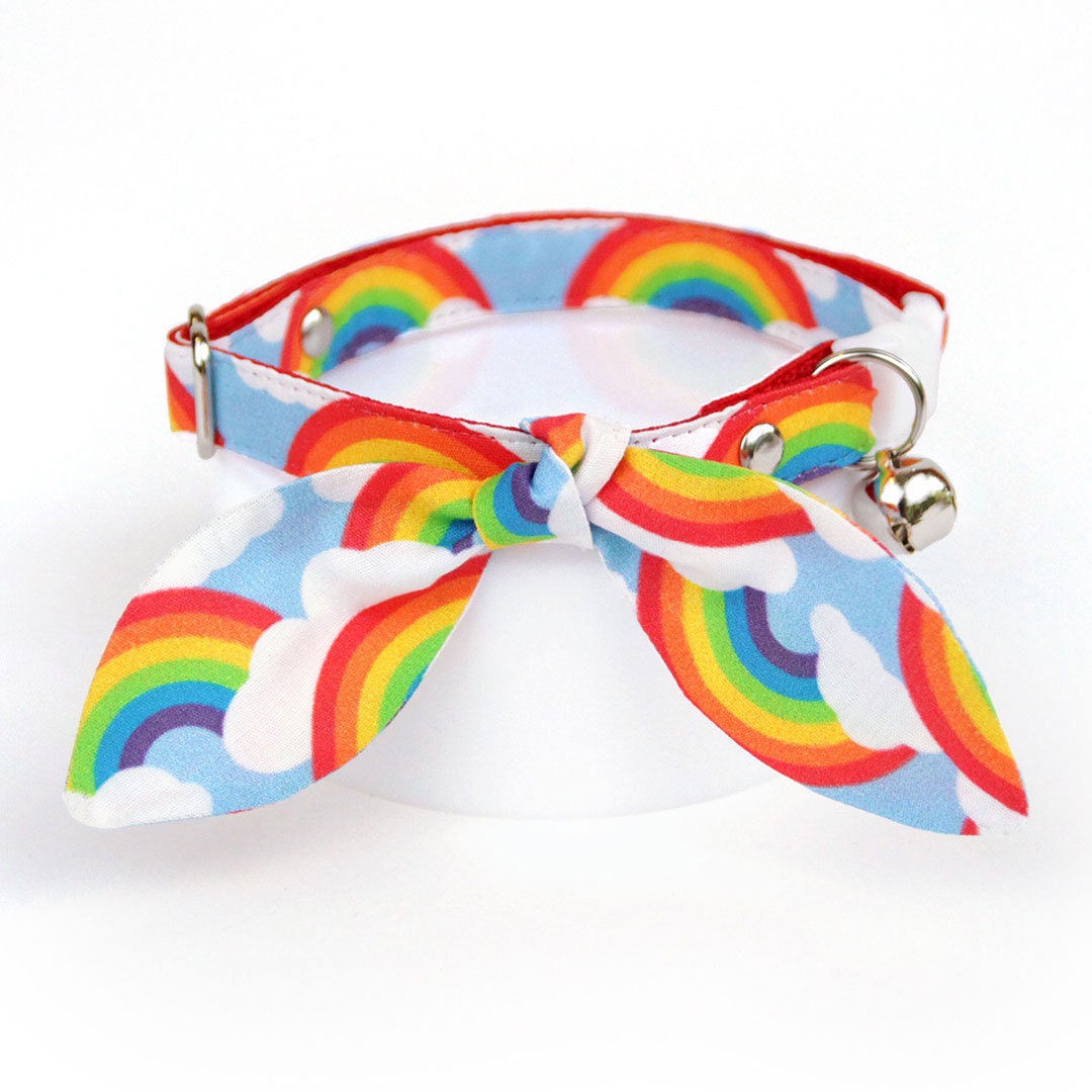 Cat Collar & Bunny Ear Bow Set - "Rainbow Magic" - Rainbow Cat Collar with Matching Bunny Bow Tie / Pride, 80s Retro / Cat, Kitten + Small Dog Sizes