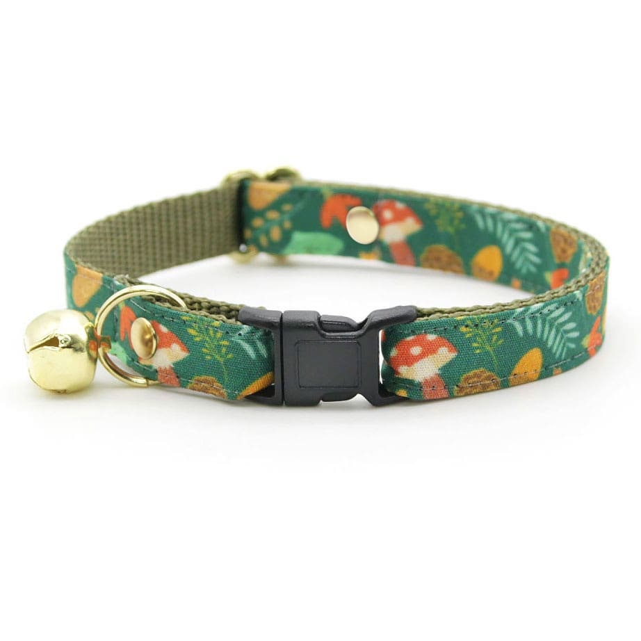 Cat Collar & Bunny Ear Bow Set - "Forest Fantasy" - Mushrooms, Toadstools & Acorns Green Cat Collar with Matching Bunny Bow Tie / Cat, Kitten + Small Dog Sizes