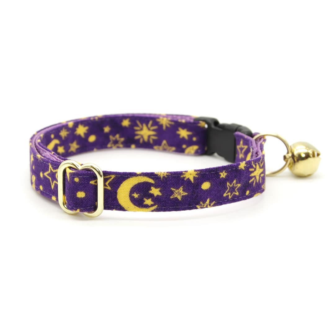 Cat Collar & Bunny Ear Bow Set - "Moonlight - Purple" - Night Sky Celestial Purple Star & Moon Cat Collar with Matching Bunny Bow Tie / Cat, Kitten + Small Dog Sizes