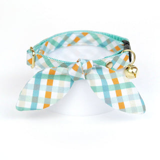 Cat Collar & Bunny Ear Bow Set - "Seashore" - Ocean Blue & Aqua Plaid Cat Collar with Matching Bunny Bow Tie / Nautical, Preppy, Summer / Cat, Kitten + Small Dog Sizes - Kitten (6-10) / Breakaway / Gold
