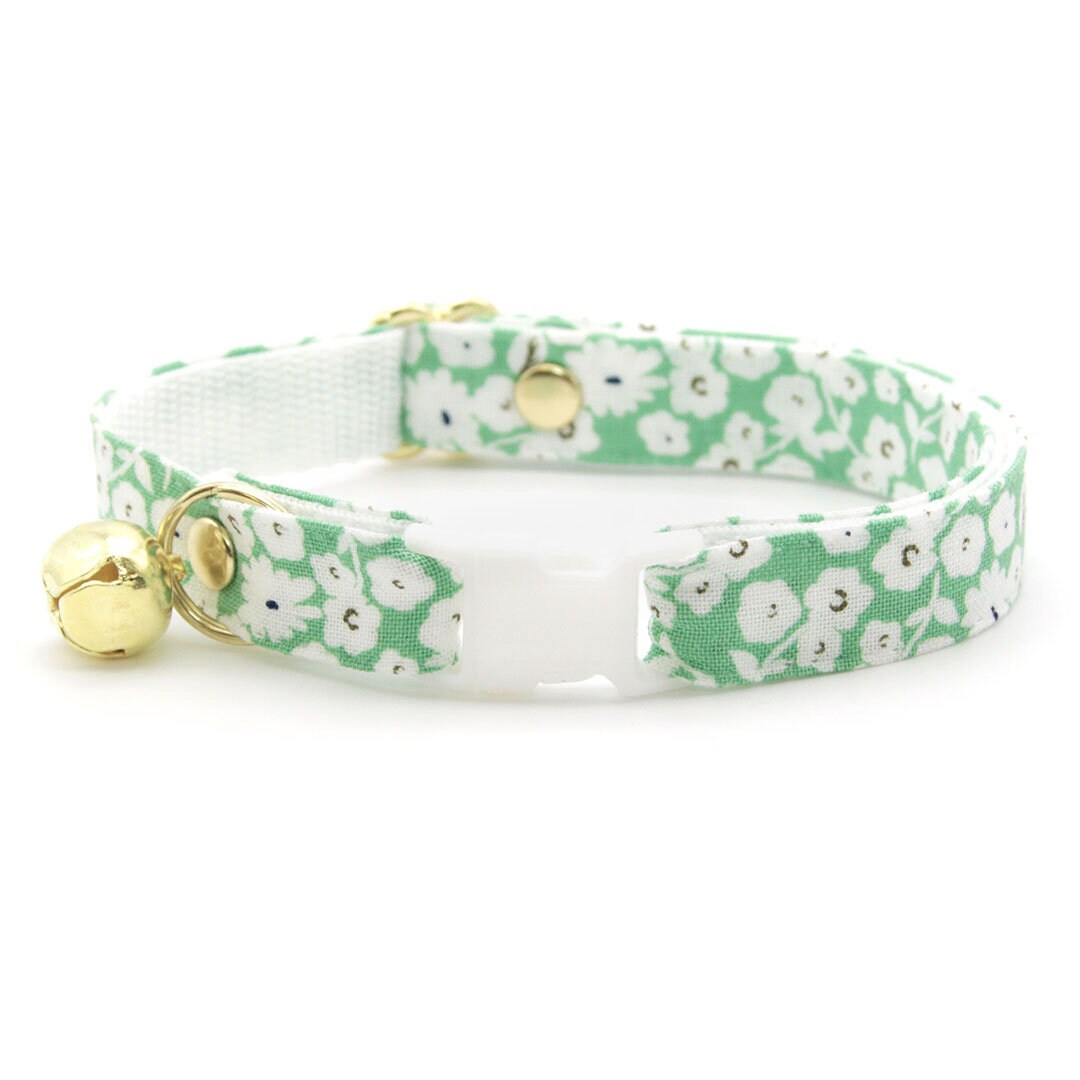 Cat Collar & Bunny Ear Bow Set - "Apple Blossom" - Mint Green Floral Cat Collar with Matching Bunny Bow Tie / Spring, Easter / Cat, Kitten + Small Dog Sizes