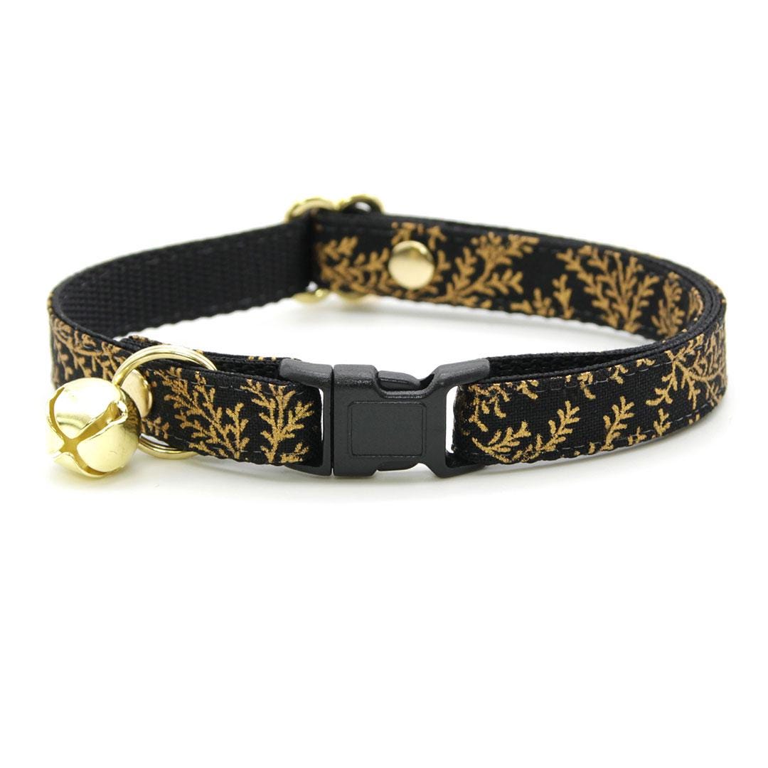 Cat Collar & Bunny Ear Bow Set - "Black Forest" - Gold Pine Branches on Black Cat Collar w/ Matching Bunny Bow Tie / Fall, Winter, Holiday, New Year / Cat, Kitten + Small Dog Sizes