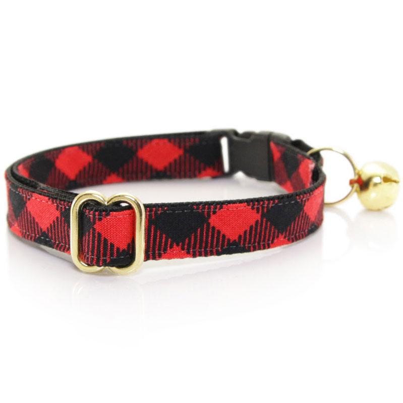 Cat Collar & Bunny Ear Bow Set - "Cozy Cabin Red" - Red Buffalo Plaid Cat Collar w/ Matching Bunny Bow Tie / Fall, Winter, Holiday / Cat, Kitten + Small Dog Sizes